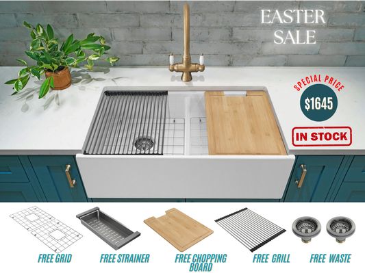 Easter Special - Double Farmhouse Sink with Chopping Board, Grid, Grill, Colander & Waste - 840mm