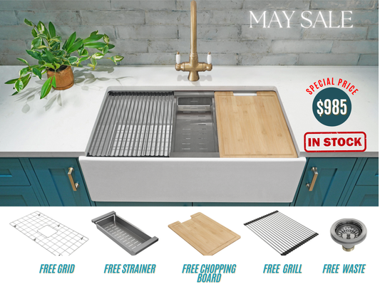 May Special - Farmhouse Sink with Chopping Board, Grid, Grill, Colander & Waste - 762mm