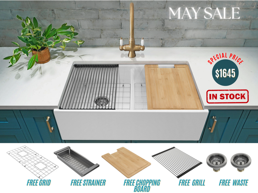 May Special - Double Farmhouse Sink with Chopping Board, Grid, Grill, Colander & Waste - 840mm
