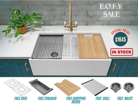E.O.F.Y Special - Double Farmhouse Sink with Chopping Board, Grid, Grill, Colander & Waste - 840mm