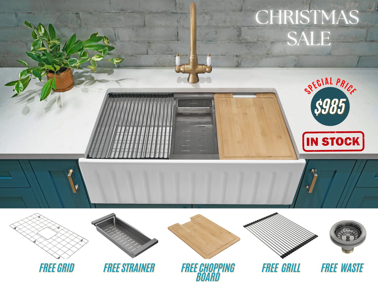 Christmas Special - Farmhouse Sink with Chopping Board, Grid, Grill, Colander & Waste - 833mm