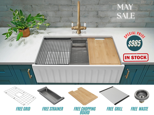 May Special - Farmhouse Sink with Chopping Board, Grid, Grill, Colander & Waste - 762mm
