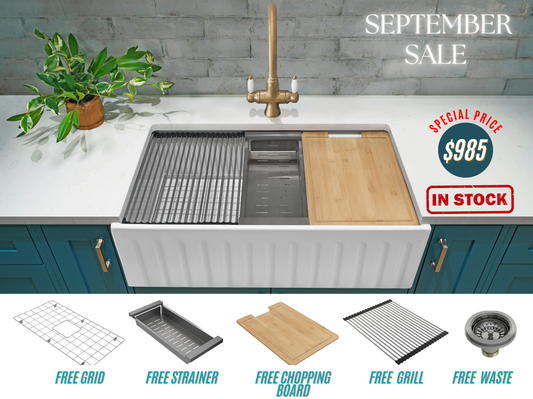 September Special - Farmhouse Sink with Chopping Board, Grid, Grill, Colander & Waste - 762mm