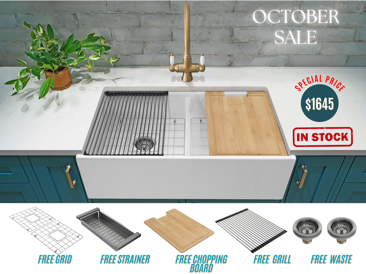 October Special - Double Farmhouse Sink with Chopping Board, Grid, Grill, Colander & Waste - 840mm