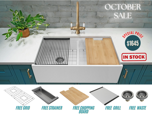 October Special - Double Farmhouse Sink with Chopping Board, Grid, Grill, Colander & Waste - 840mm