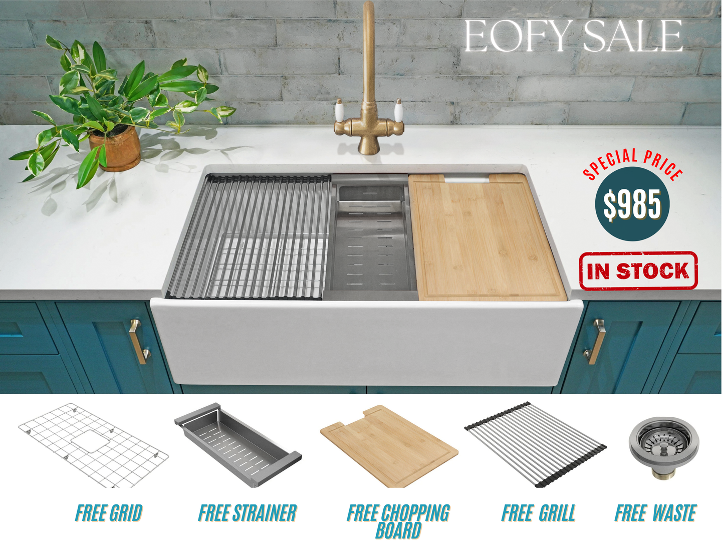 June Special - Farmhouse Sink with Chopping Board, Grid, Grill, Colander & Waste - 833mm
