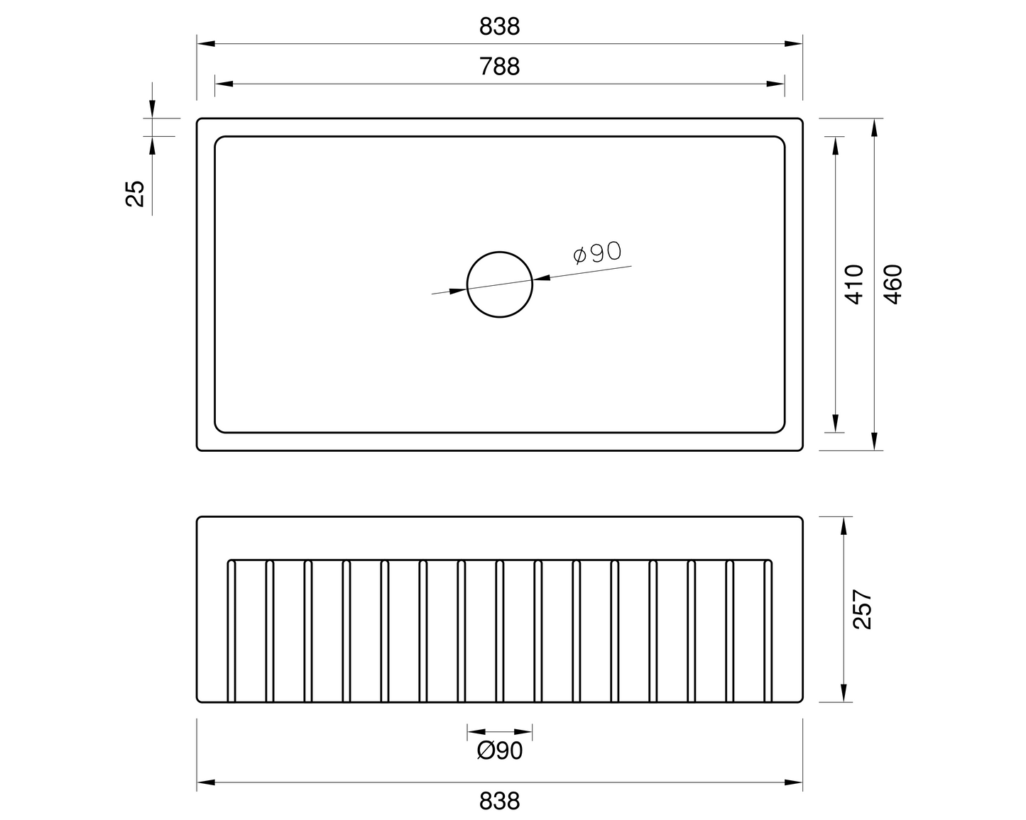 Large Single Bowl 838 mm Narrow Fluted Farmhouse Sink