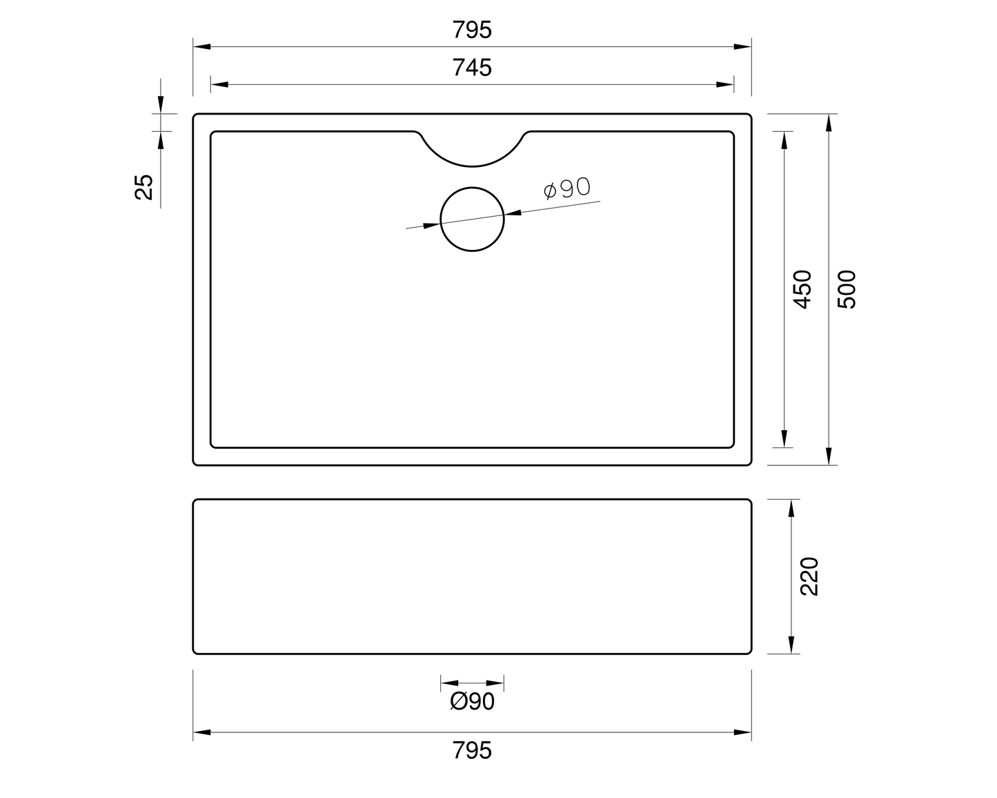 British Butler Sink with Tap Ledge - 795mm