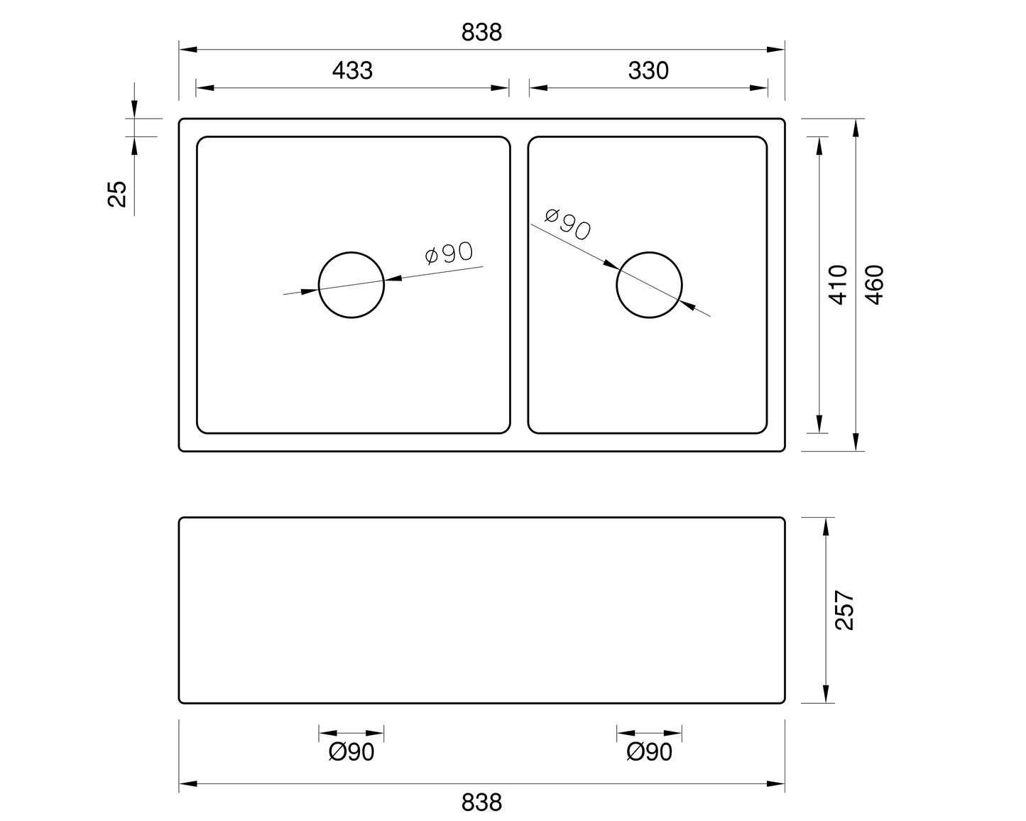 Double Farmhouse Sink with Offset Bowl - 838mm