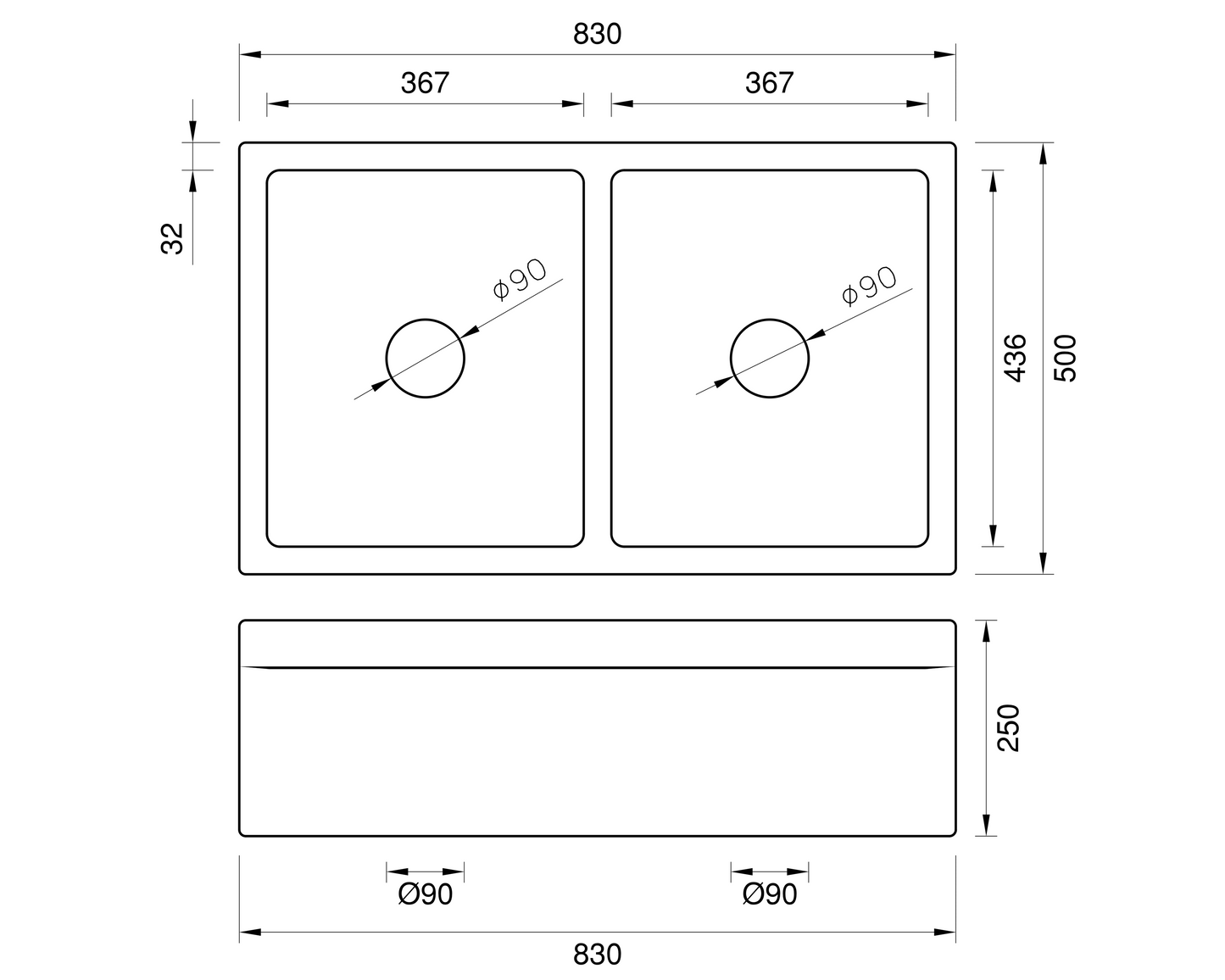 Eaton Double Bowl Sink - 833mm