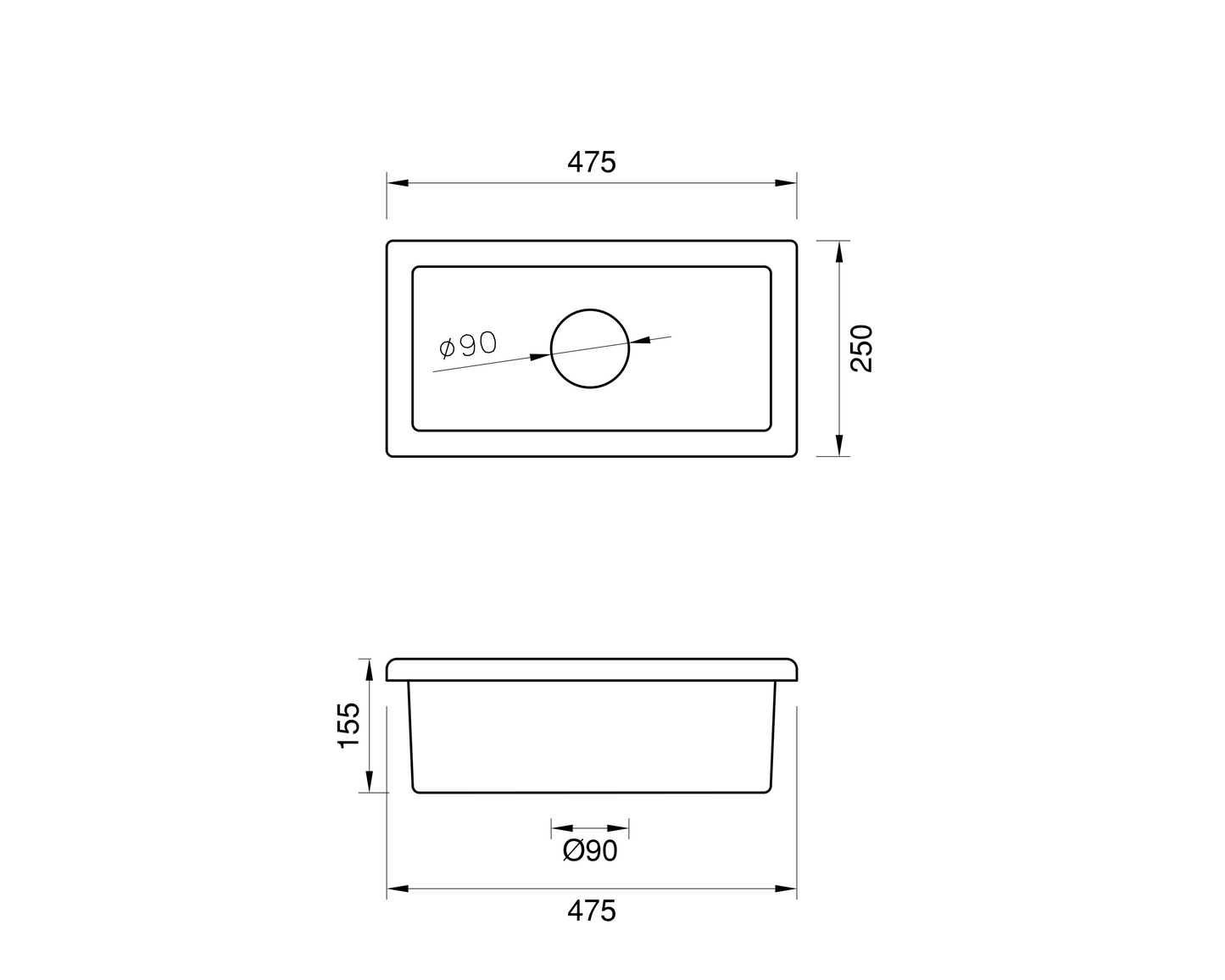 Undermount Fireclay Kitchen Sink Side Bowl - 250mm