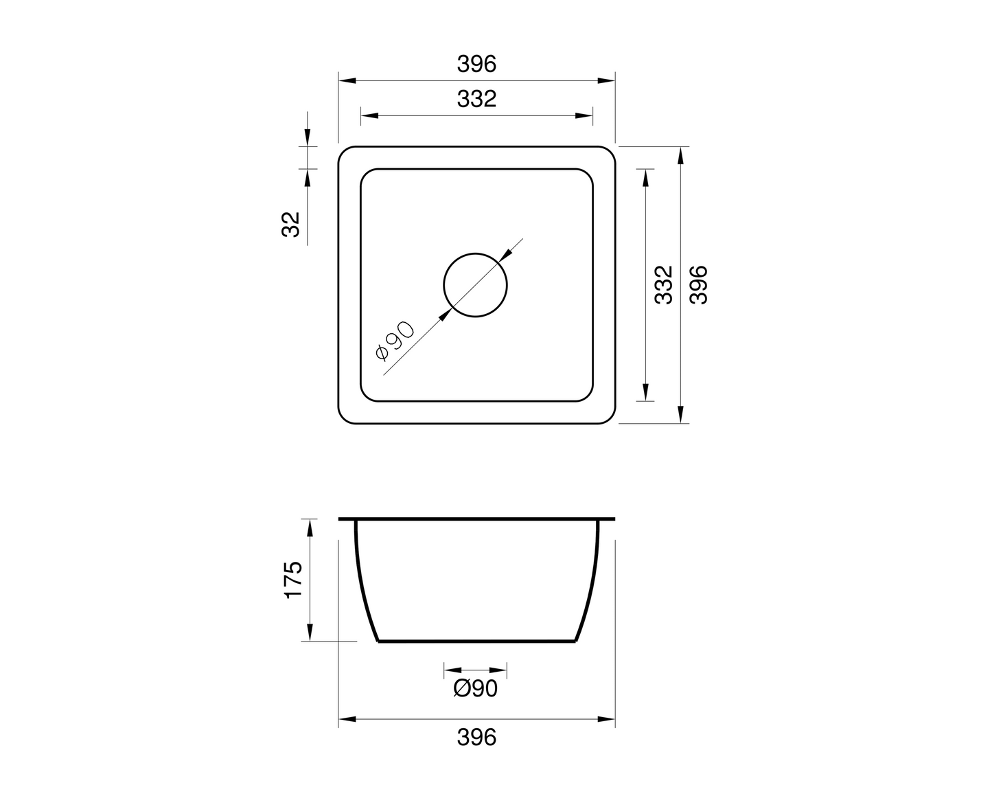 Copper Undermount Prep Sink - 396mm