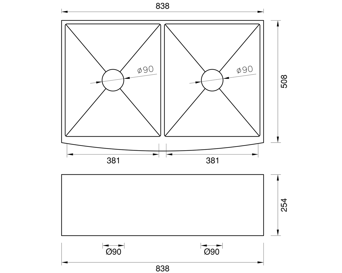 Stainless Steel Double Butler Sink - 838mm