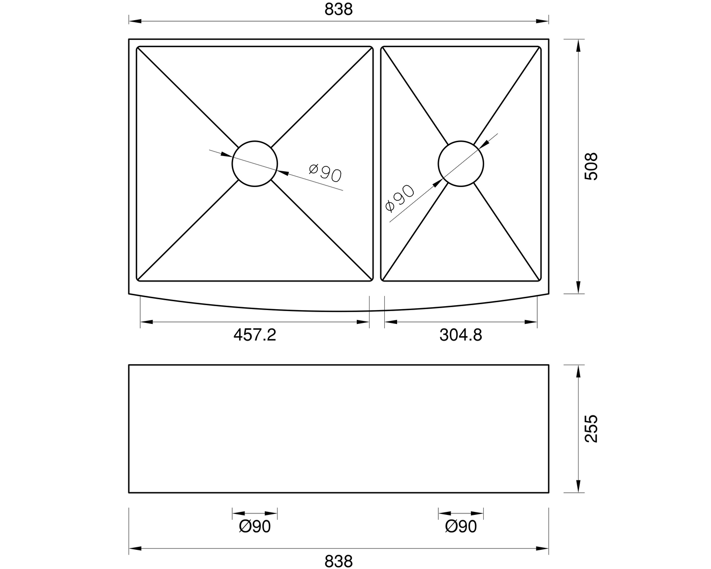 Stainless Steel Double Butler Sink with Offset Bowl - 838mm