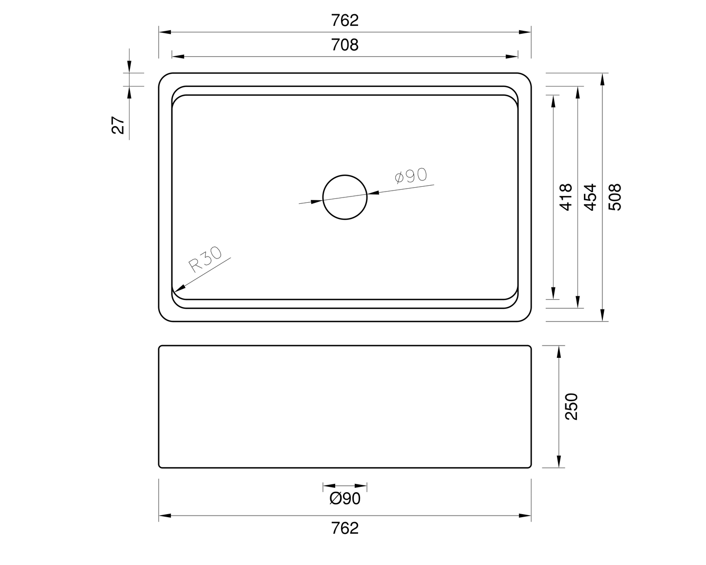 Undercounter Fireclay Workstation Sink with Chopping Board, Grid, Grill, Colander & Waste - 762mm