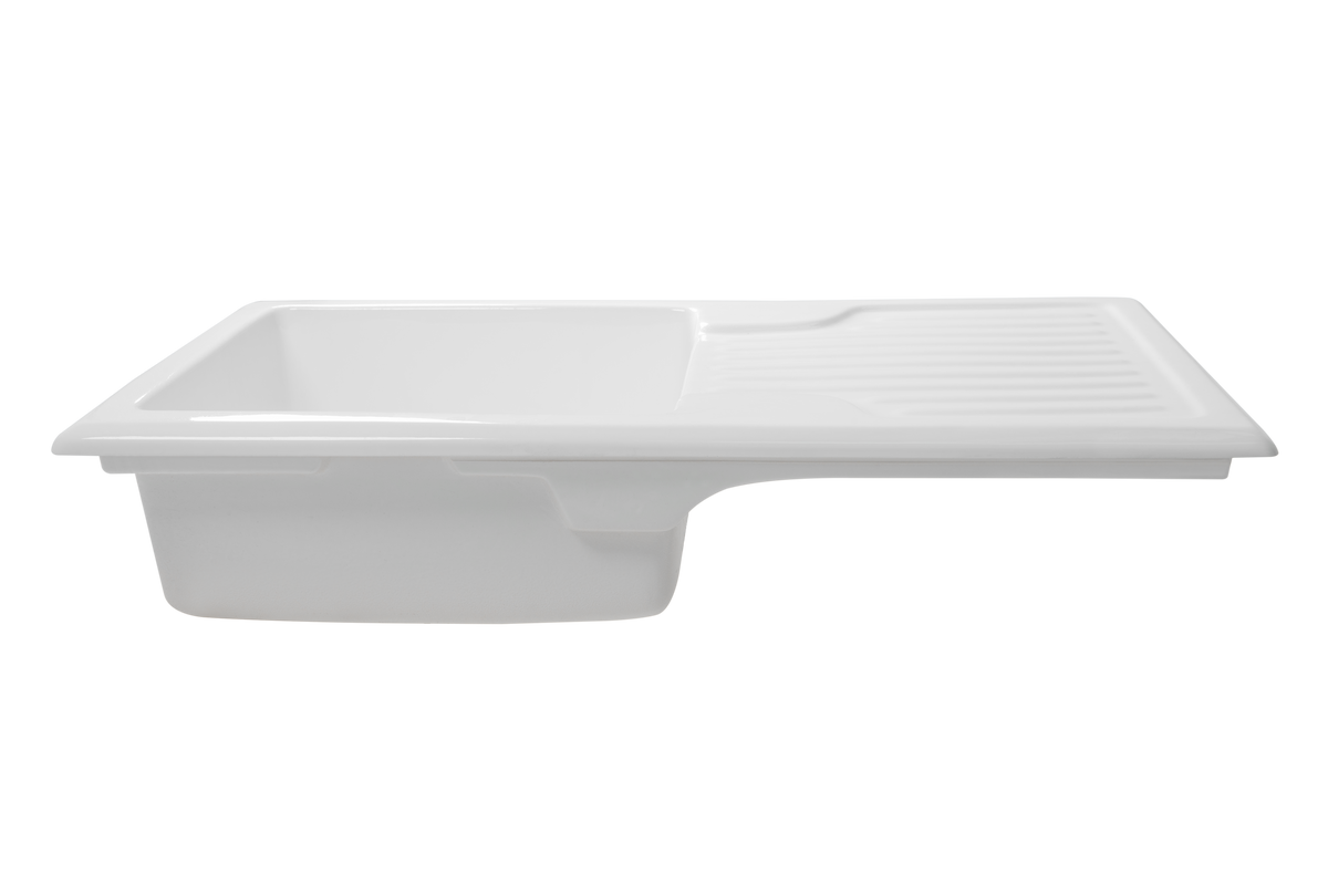 Bloomsbury 1.0 - Single Ceramic Kitchen Sink by Savile Row - ceramic single bowl kitchen sink - Angled view from opposite side - sink with fluted drainer