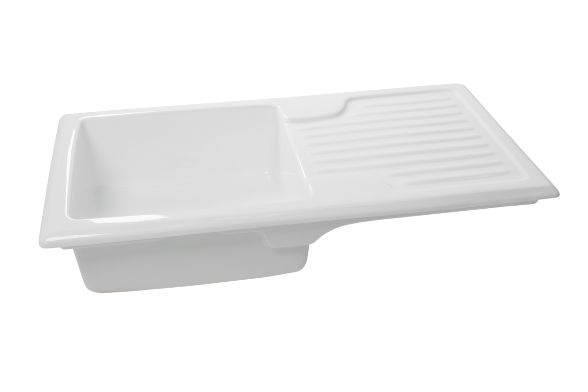 Bloomsbury 1.0 - Single Ceramic Kitchen Sink by Savile Row - ceramic single bowl kitchen sink - Angled view - single bowl ceramic sink with fluted drainer