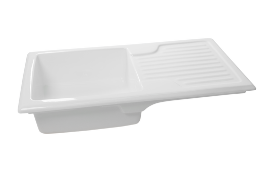 Bloomsbury 1.0 - Single Ceramic Kitchen Sink by Savile Row - ceramic single bowl kitchen sink - Angled view - single bowl ceramic sink with fluted drainer