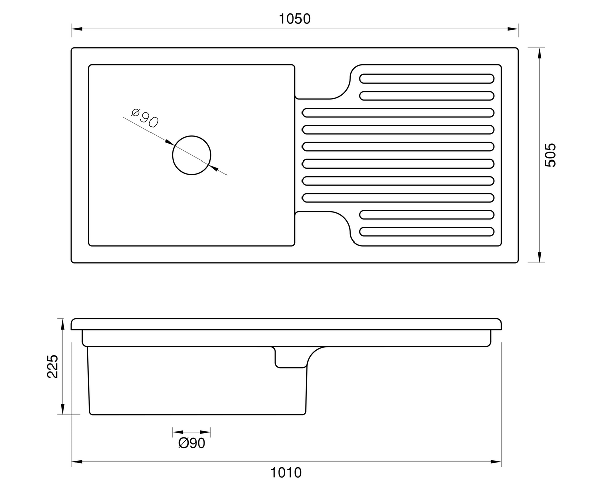 Bloomsbury 1.0 - Single Ceramic Kitchen Sink by Savile Row - ceramic single bowl kitchen sink - technical drawing with dimensions