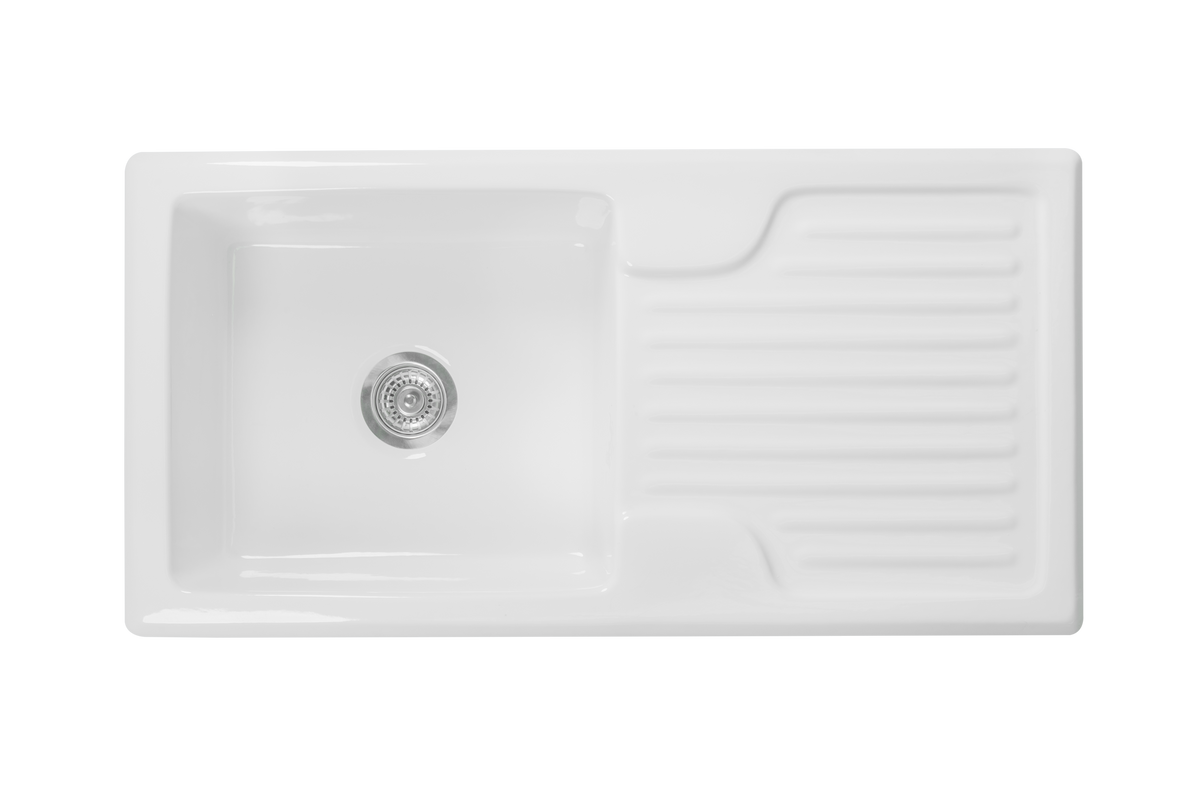Bloomsbury 1.0 - Single Ceramic Kitchen Sink by Savile Row - ceramic single bowl kitchen sink - Top-down view with waste - single bowl sink with fluted drainer