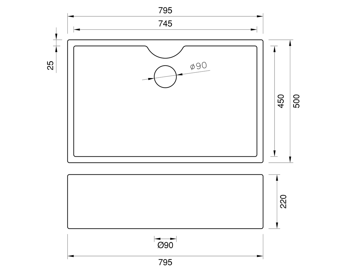 British Butler Sink with Tap Ledge - 795mm by Savile Row - technical drawing with dimensions