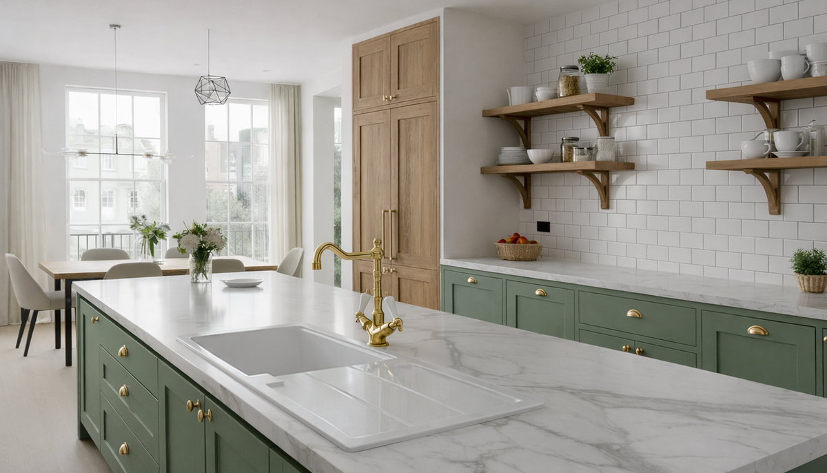 Carnaby Ceramic Kitchen Sink 1.0 Bowl And Drain Board by Savile Row - installed lifestyle view