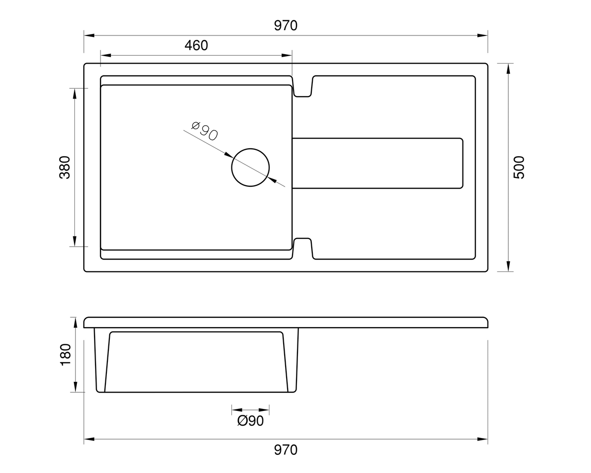 Carnaby Ceramic Kitchen Sink 1.0 Bowl And Drain Board by Savile Row - technical drawing with dimensions