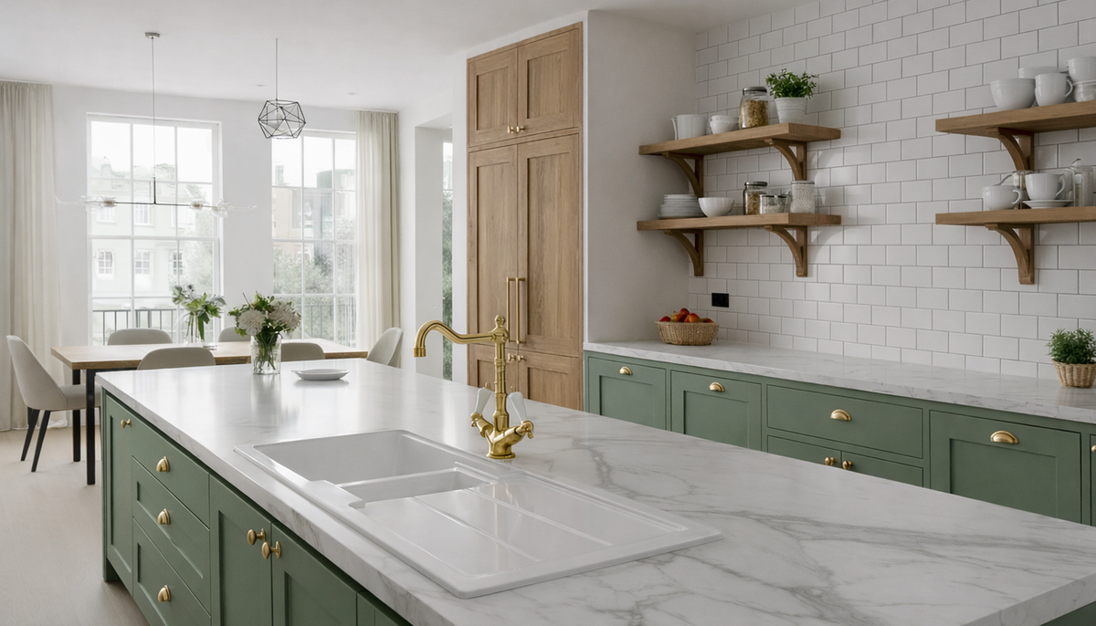 Carnaby Ceramic Kitchen Sink 1.5 Bowl And Drain Board by Savile Row - installed lifestyle view