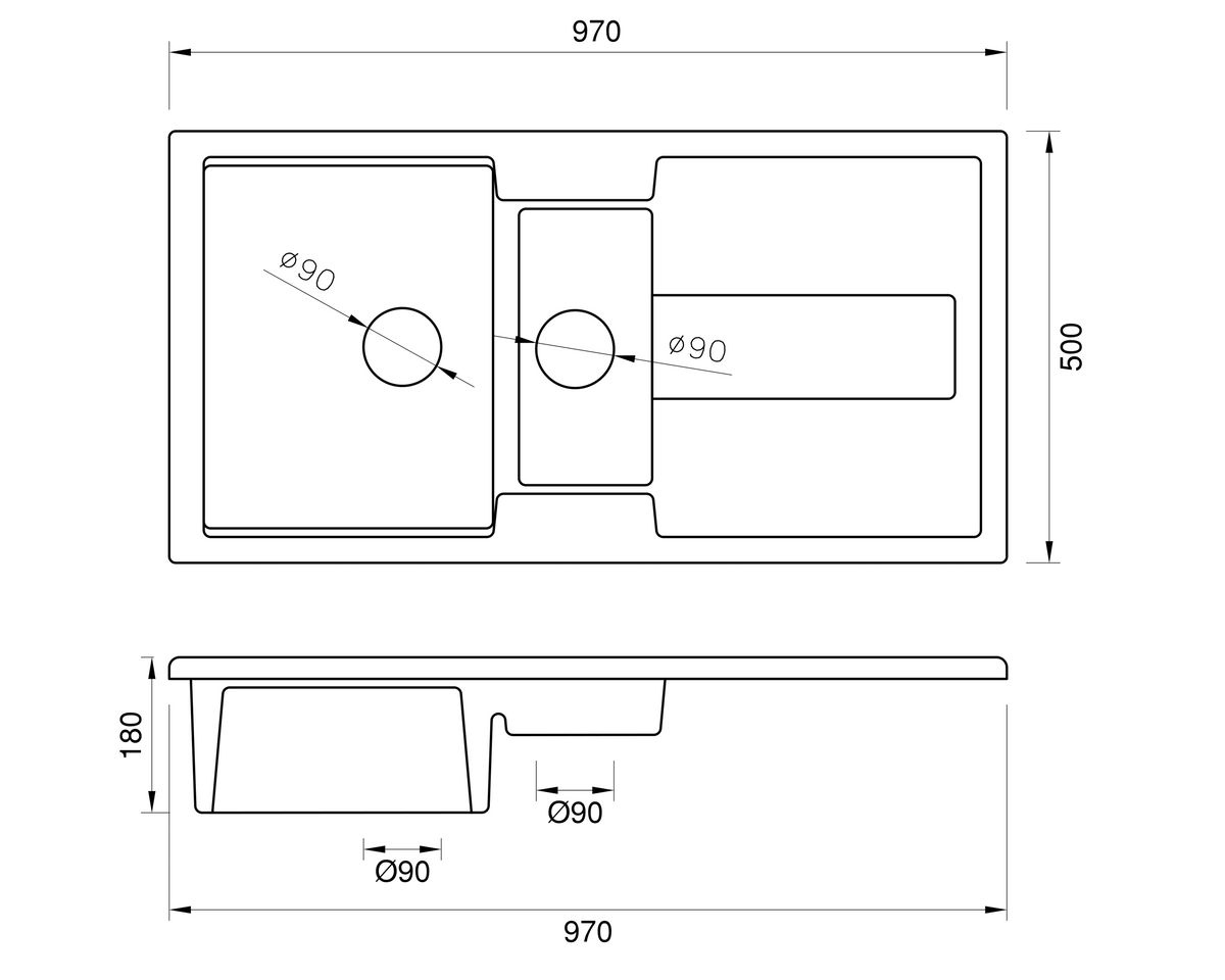 Carnaby Ceramic Kitchen Sink 1.5 Bowl And Drain Board by Savile Row - technical drawing with dimensions