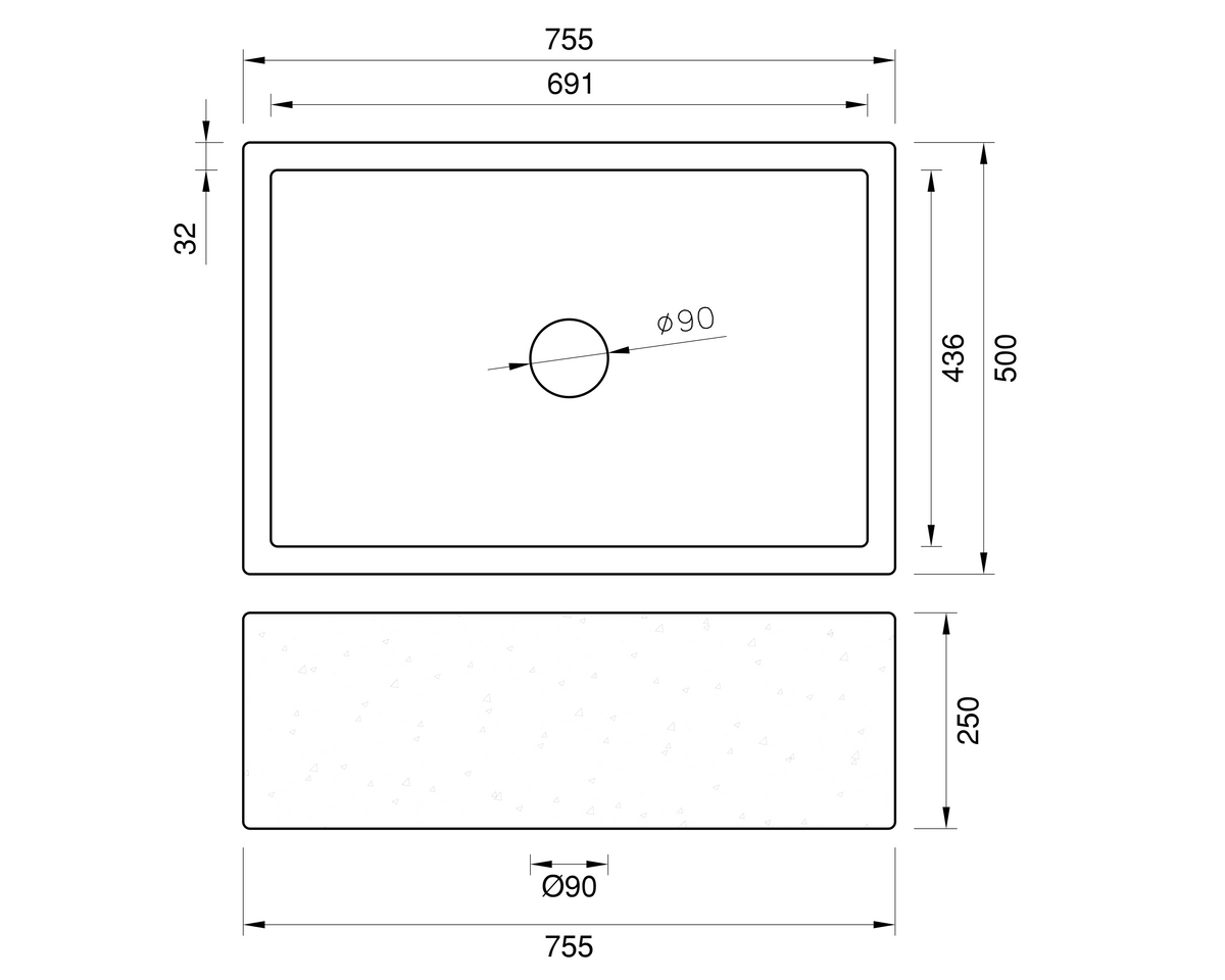 Concrete Farmhouse Sink - 755*500*250 by Savile Row - concrete single bowl farmhouse sink - technical drawing with dimensions - 755mm concrete sink top and side view
