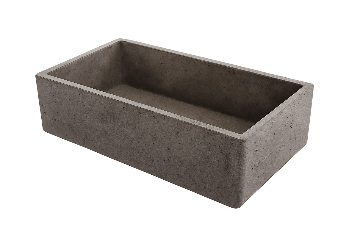 Concrete Farmhouse Sink 833*500*250 by Savile Row - concrete single bowl farmhouse sink - Angled view - 833mm concrete grey single bowl farmhouse sink