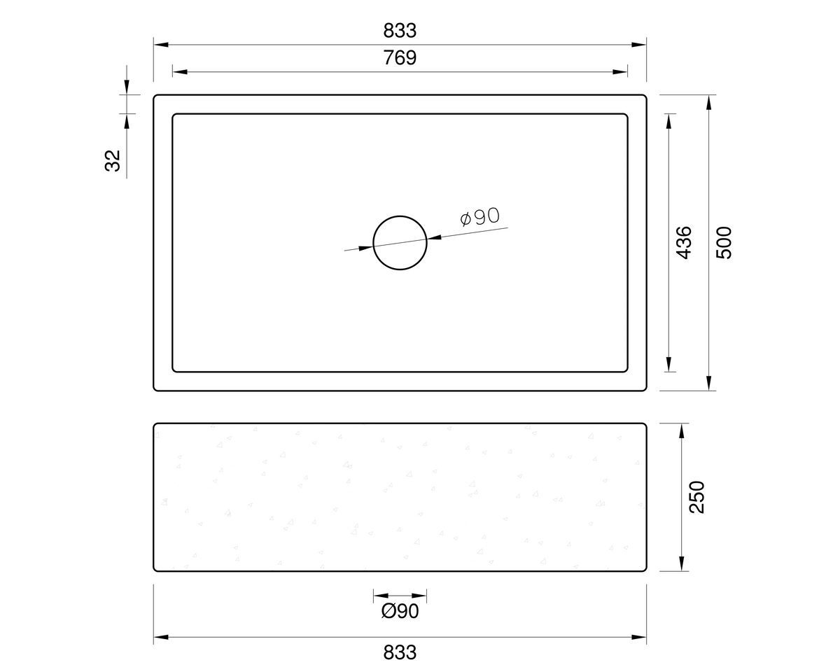 Concrete Farmhouse Sink 833*500*250 by Savile Row - concrete single bowl farmhouse sink - technical drawing with dimensions - 833mm concrete sink top and side view