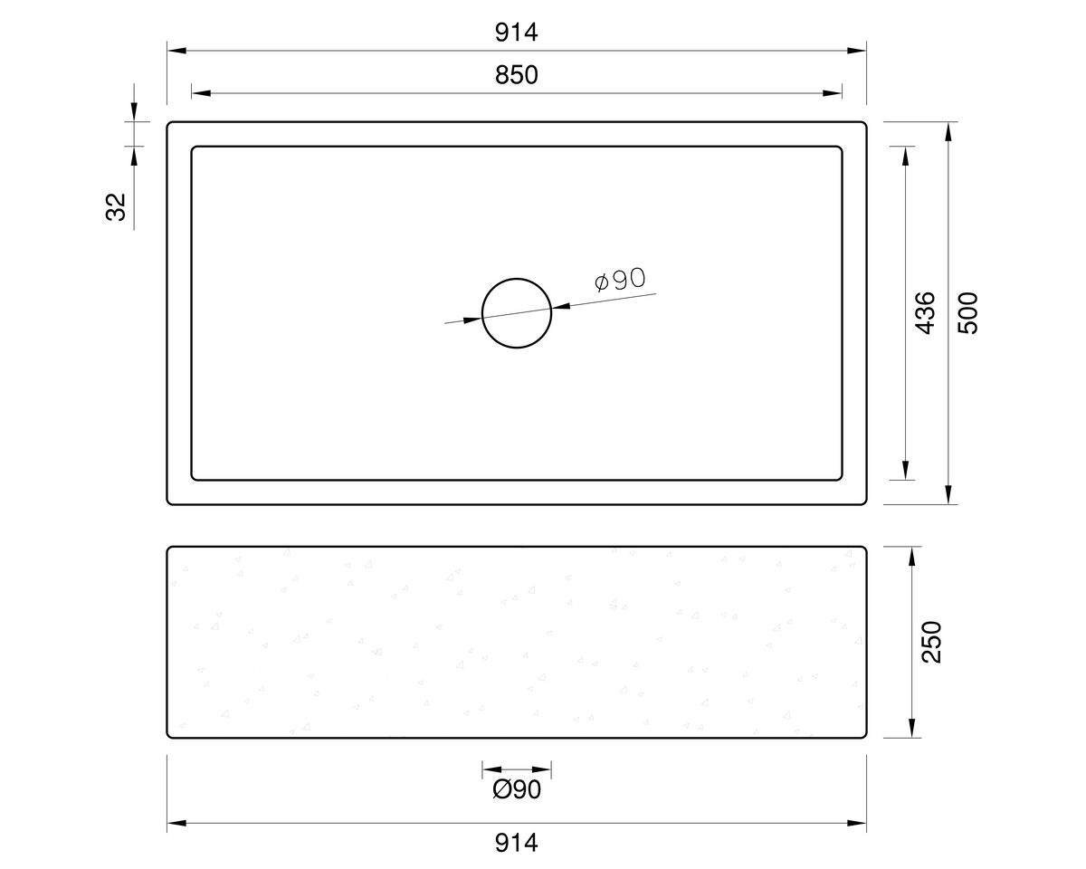 Concrete Farmhouse Sink - 914*500*250 by Savile Row - concrete single bowl farmhouse sink - technical drawing with dimensions - 914mm concrete sink top and side view