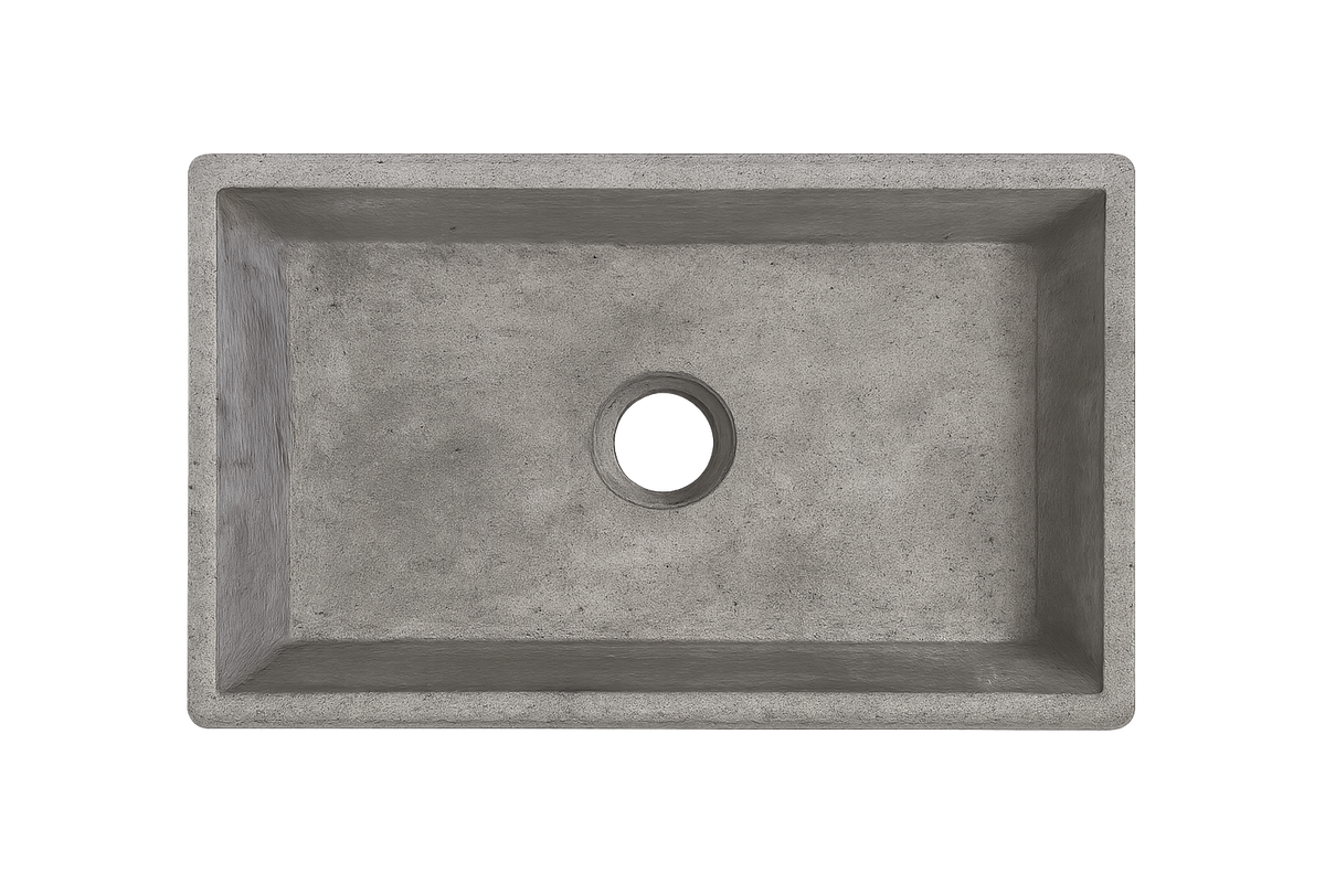 Concrete Farmhouse Sink by Savile Row - concrete single bowl farmhouse sink - Top-down view - concrete grey single bowl sink with waste hole