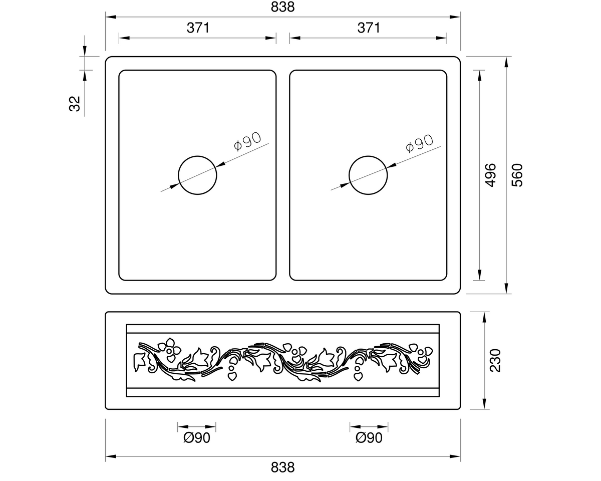 Copper Country Double Sink - 838mm by Savile Row - copper double bowl farmhouse sink - technical drawing with dimensions - double bowl copper sink with floral apron