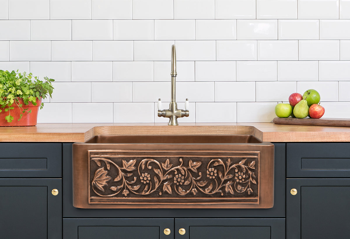 Copper Country Sink - 625mm by Savile Row - copper single bowl farmhouse sink - Installed lifestyle view - copper farmhouse sink in blue cabinetry kitchen