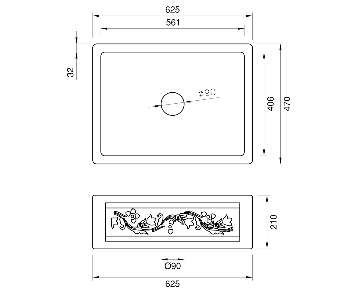 Copper Country Sink - 625mm by Savile Row - copper single bowl farmhouse sink - technical drawing with dimensions - 625mm copper sink with floral apron