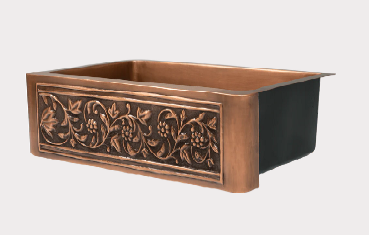 Copper Country Sink - 625mm by Savile Row - single bowl copper farmhouse sink with embossed apron - Angled view