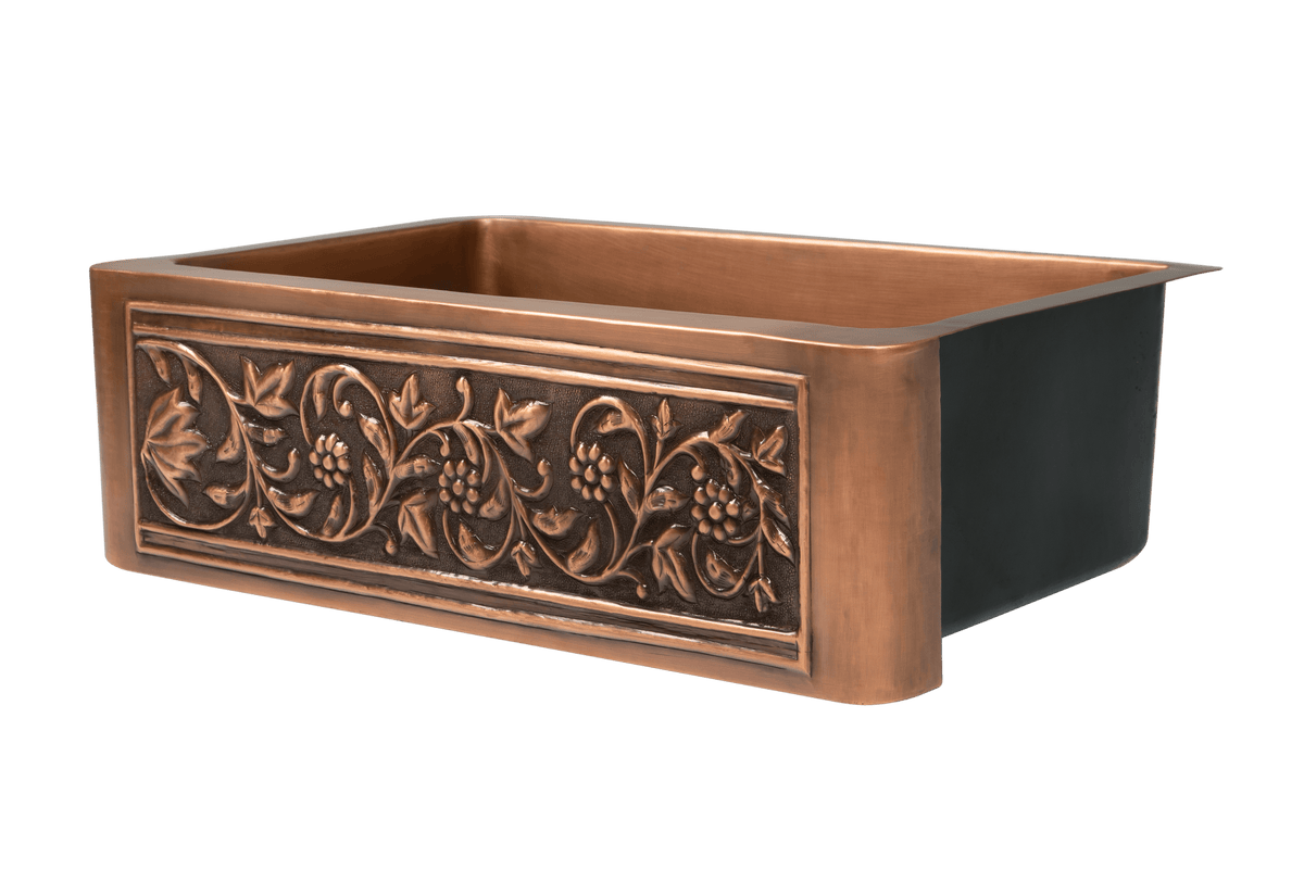 Copper Country Sink - 761mm by Savile Row - copper single bowl farmhouse sink - Angled front view - embossed vine apron
