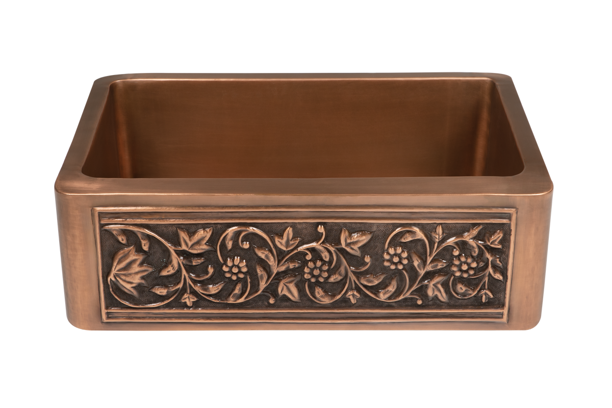 Copper Country Sink - 761mm by Savile Row - copper single bowl farmhouse sink - Angled front view showing bowl interior