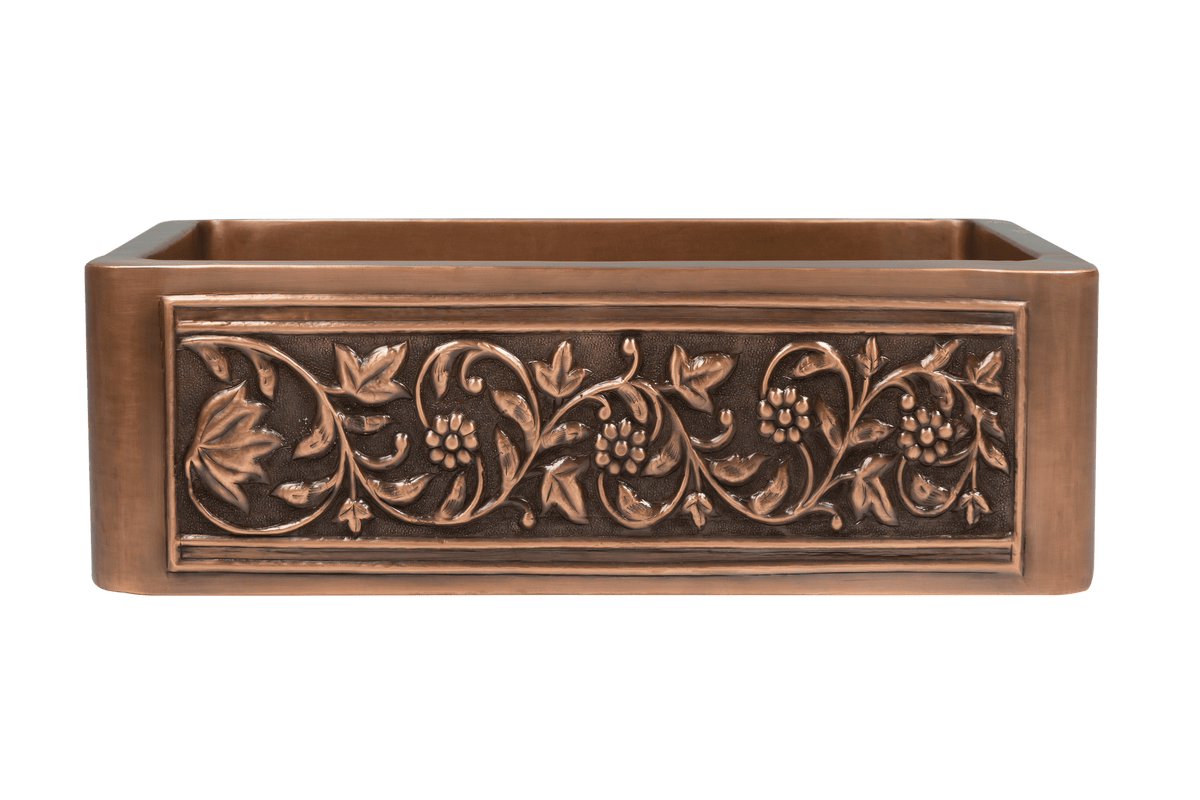 Copper Country Sink - 761mm by Savile Row - copper single bowl farmhouse sink - Front view - embossed vine apron