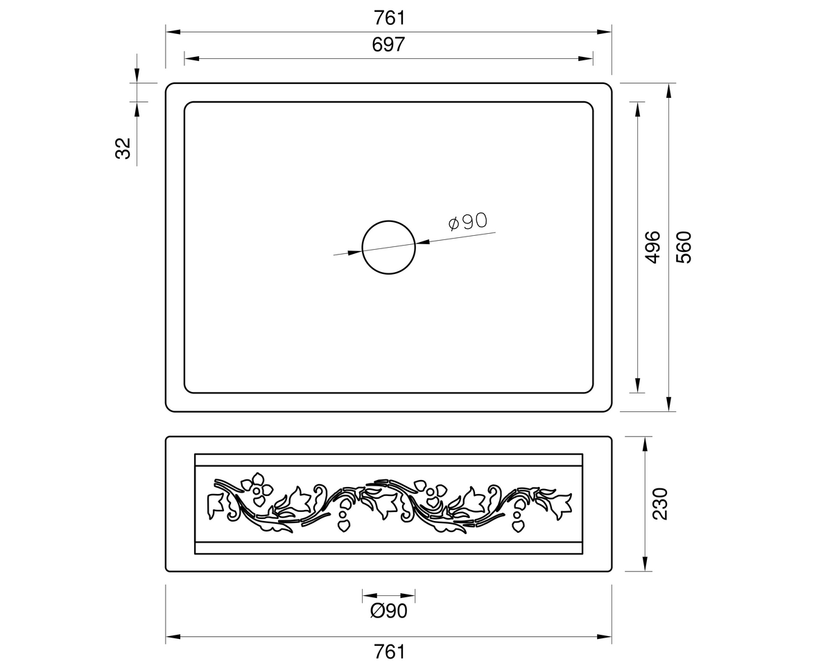 Copper Country Sink - 761mm by Savile Row - copper single bowl farmhouse sink - technical drawing with dimensions