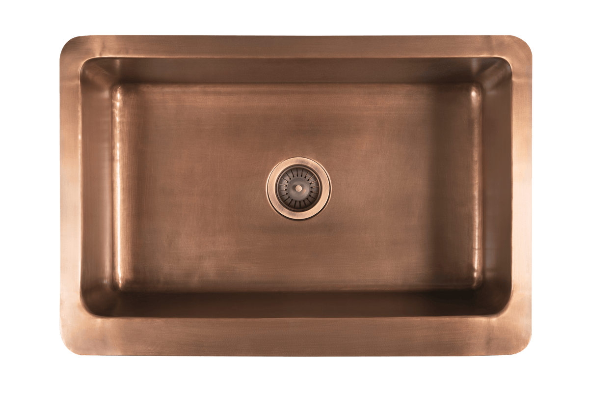 Copper Country Sink - 761mm by Savile Row - copper single bowl farmhouse sink - Top-down view with waste
