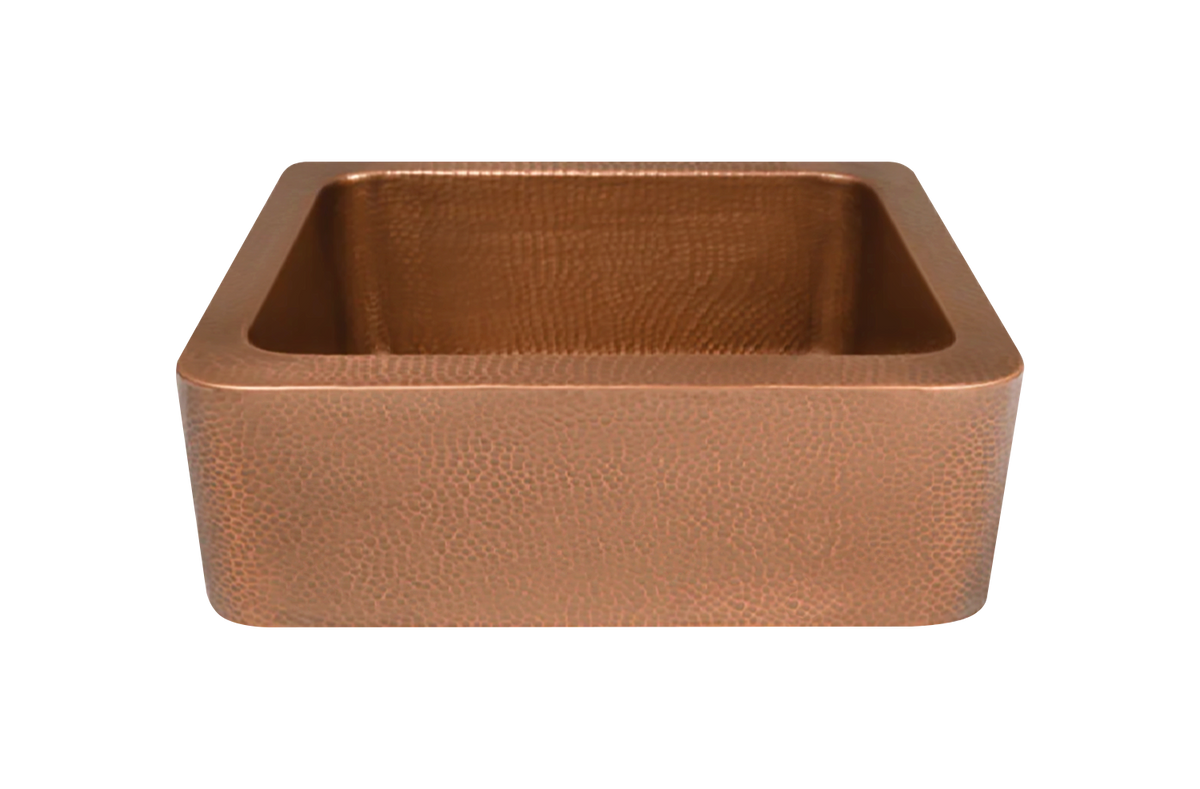 Copper Hammered Farmhouse Sink - 838mm by Savile Row - copper single bowl farmhouse sink with hammered finish - Angled view - 838mm hammered copper farmhouse sink