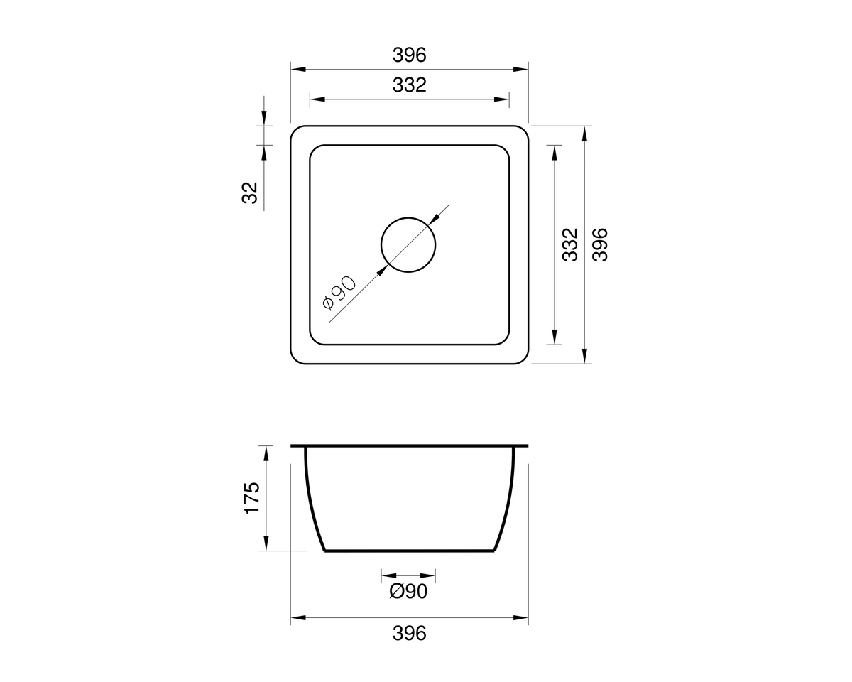 Copper Undermount Prep Sink - 396mm by Savile Row - copper single bowl undermount sink - technical drawing with dimensions