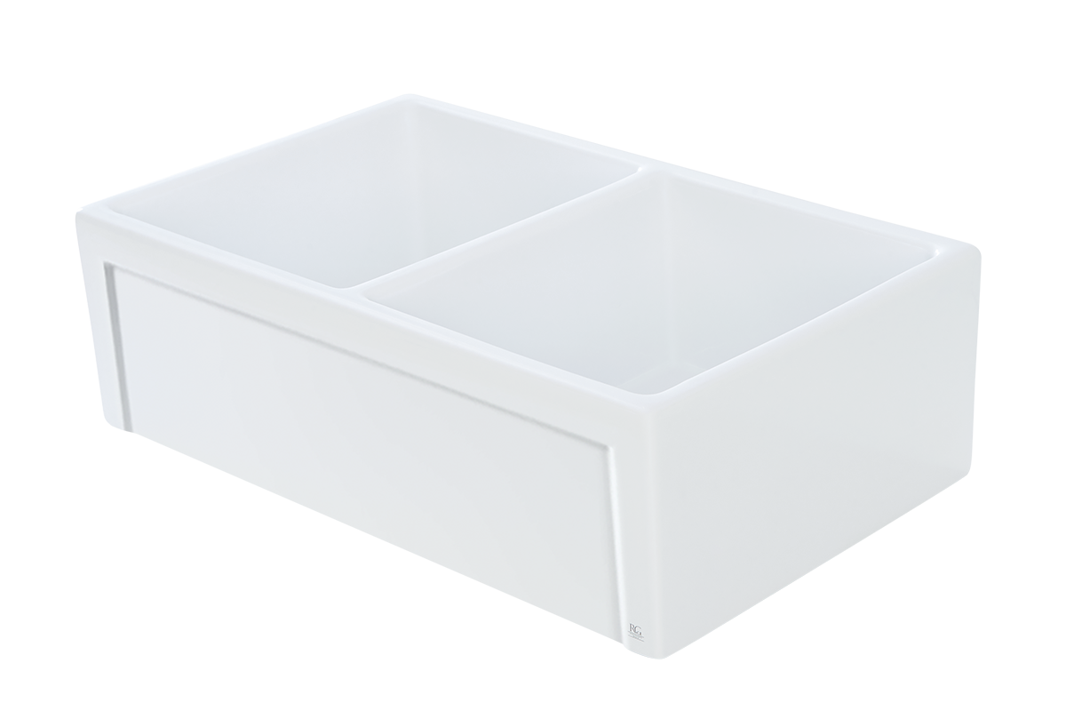 Country Farmhouse Double Sink - 833mm by Savile Row - double bowl fireclay farmhouse sink - angled view