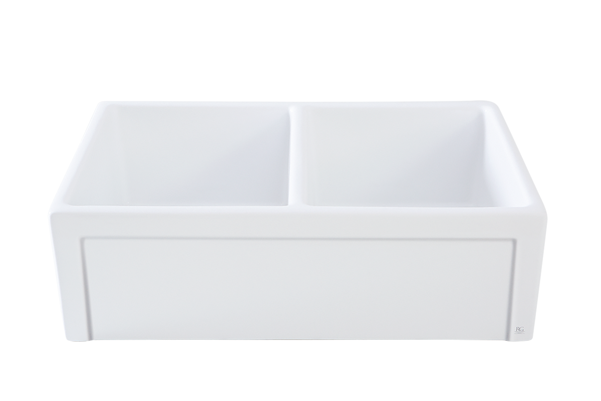 Country Farmhouse Double Sink - 833mm by Savile Row - double bowl fireclay farmhouse sink - front view