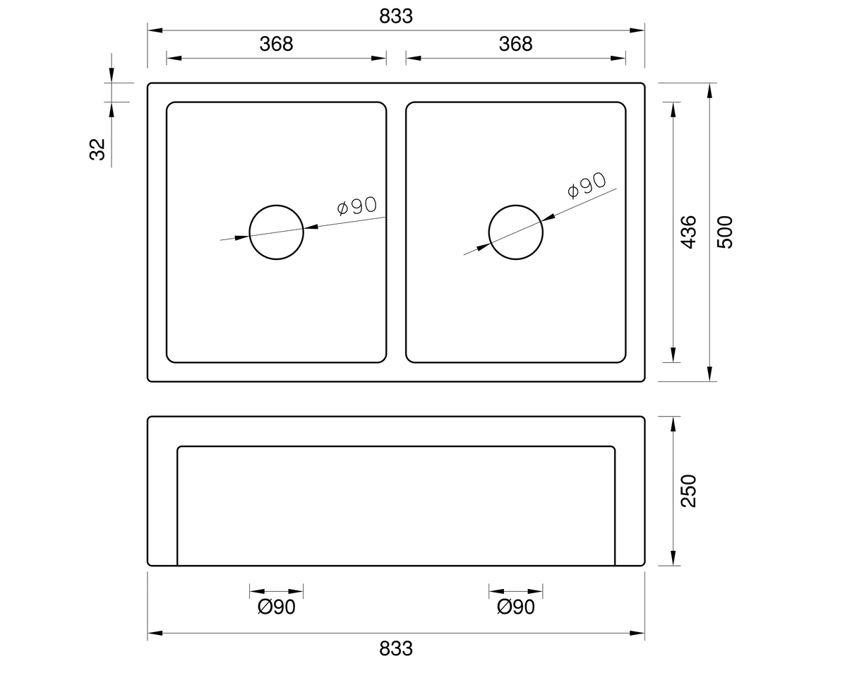 Country Farmhouse Double Sink - 833mm by Savile Row - technical drawing with dimensions