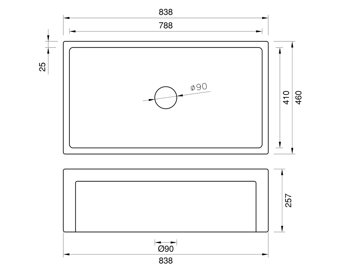 Country Farmhouse Large Single Bowl Sink - 838mm by Savile Row - technical drawing with dimensions