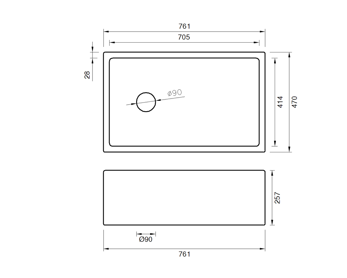Farmhouse Sink - 761mm by Savile Row - single bowl fireclay farmhouse sink - technical drawing with dimensions